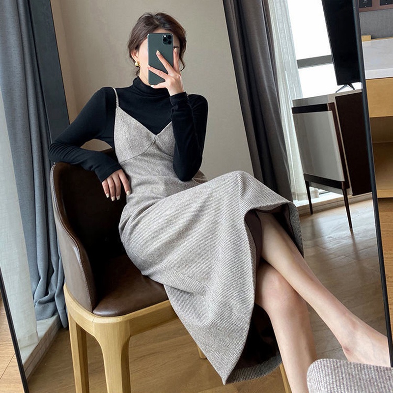 Bộ đồ IELGY gồm đầm và áo tay dài màu đen thời trang phong cách Hàn Quốc dành cho nữ