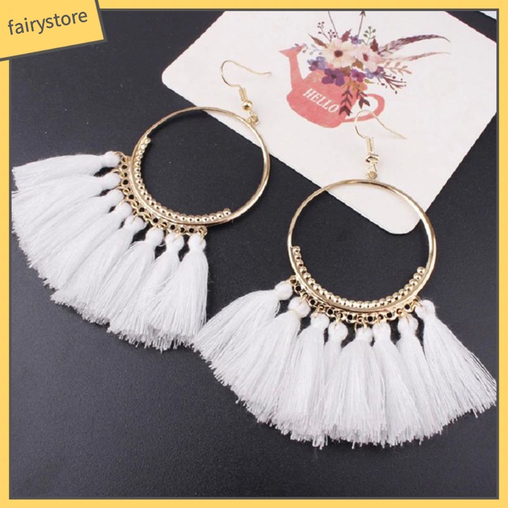 Khuyên Tai Tròn Đính Đá Phối Tua Rua Phong Cách Bohemian