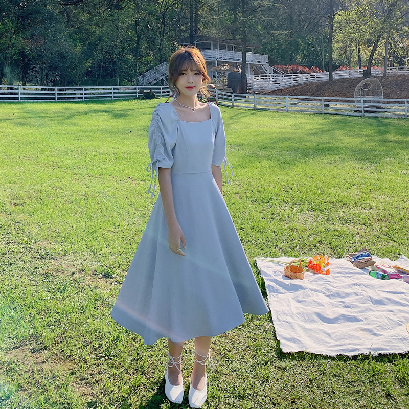 Đầm Công Chúa Cổ Vuông Tay Ngắn Màu Trơn Thời Trang Mùa Hè Hàn Quốc Cho Nữ 2021