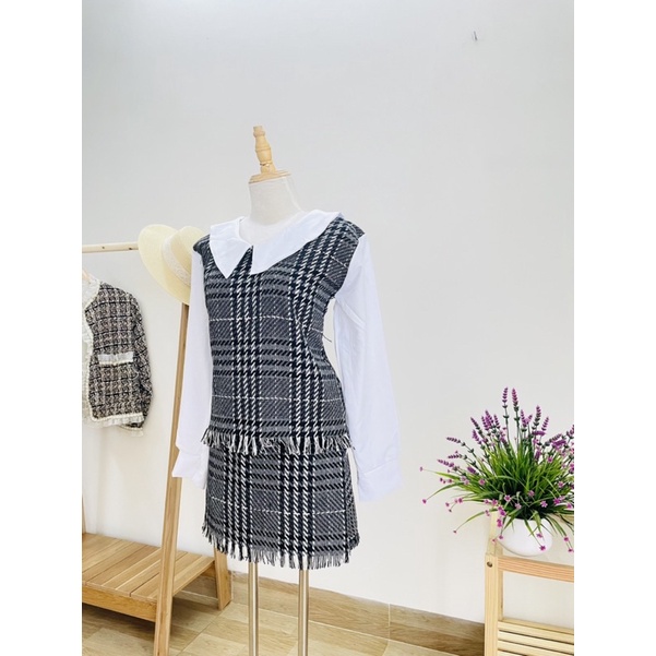 Set đồ thu đông dạ phối voan Áo + chân váy