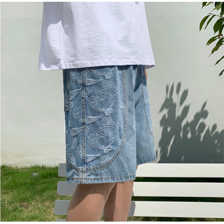 Quần đùi jean nam ống rộng lưng chun màu xanh họa tiết hoa văn 01 Pon.mens