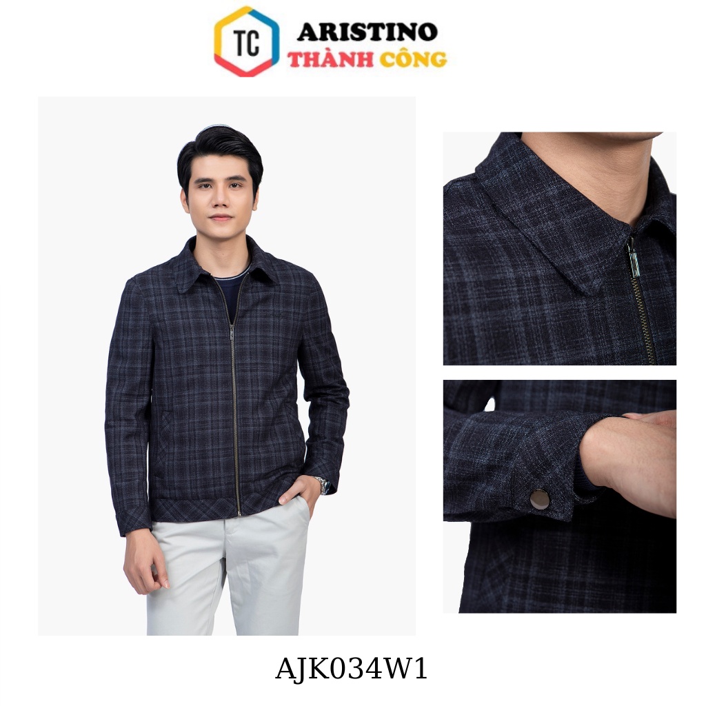 Áo khoác dạ nam 2 lớp Aristino cổ bẻ họa tiết kẻ cúc nam châm AJK034W1