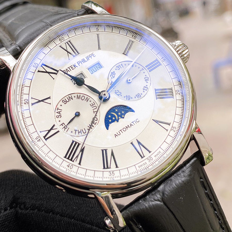 Đồng hồ Nam Patek máy nhật, mẫu Lịch vạn niên mặt trắng viền trắng dây da, dòng cơ Automatic size 41mm-42mm | BigBuy360 - bigbuy360.vn