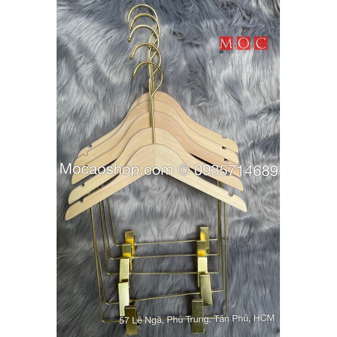 1 Móc gỗ mộc treo bộ người lớn, trẻ em kẹp vàng kim, kẹp bạc