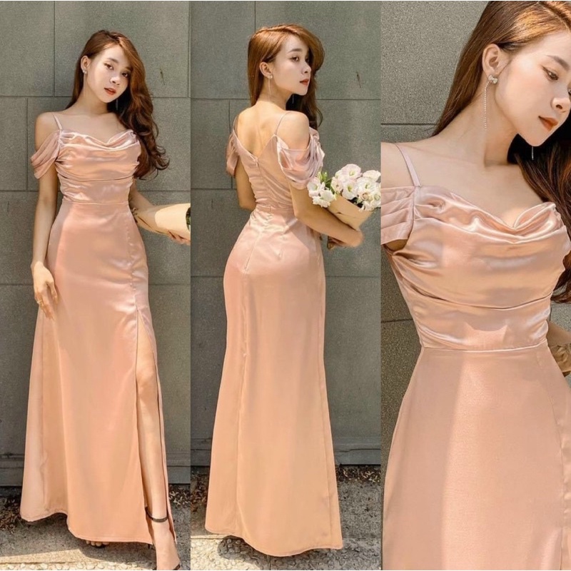 ĐẦM MAXI CỔ ĐỔ RỚT VAI XẺ ĐÙI FULL SIZE S/M/L/XL