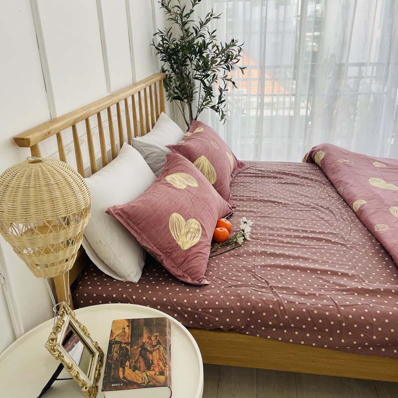 Bộ chăn ga gối cotton poly lidaco tim vàng SP001313