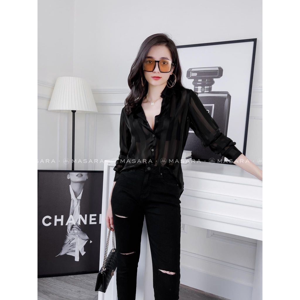 Áo sơ mi nữ lụa tằm dài tay cao cấp công sở họa tiết sọc đen nâu dáng cơ bản thanh lịch, áo sơ mi thiết kế MQ Boutique