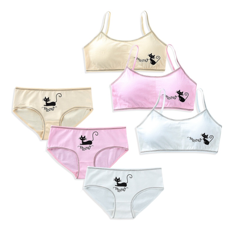 Bộ Đồ Lót 2 Mảnh Áo Ngực Hai Dây In Họa Tiết Mèo Dễ Thương Có Thể Tháo Rời Phong Cách Hipster Thời Trang Cho Tuổi Teen
