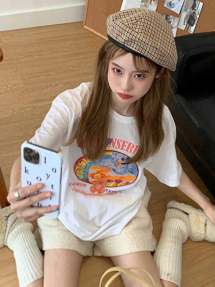 Áo Thun Dáng Rộng Ngắn Tay Cổ Tròn In Hình Gấu Và Chữ 50254 Hợp Mùa Hè