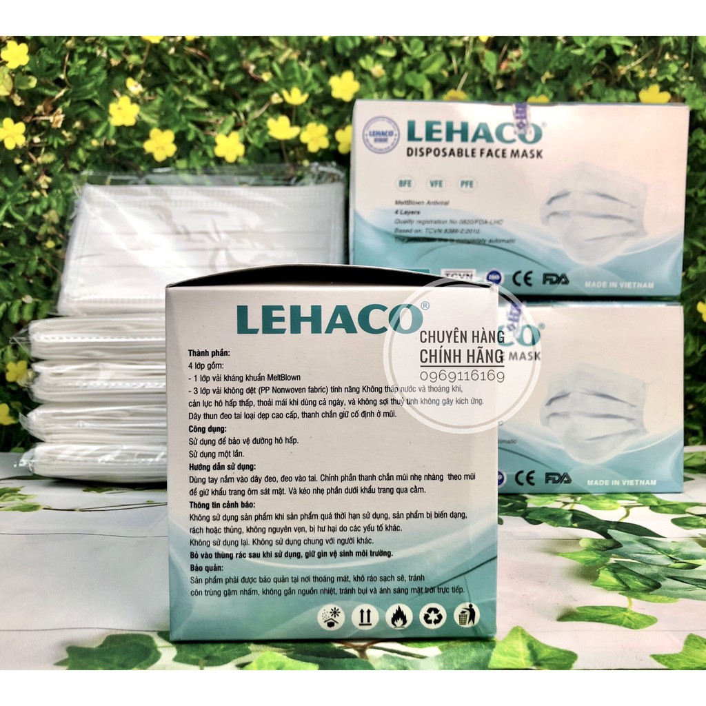 Khẩu Trang Kháng Khuẩn Màu TRẮNG Lehaco 4 lớp  50 cái/ hộp - Khẩu Trang y tế Lehaco Kháng Khuẩn