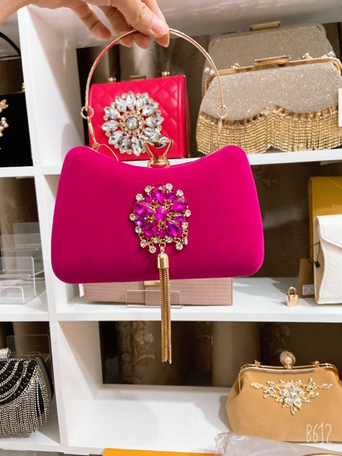 Clutch dự tiệc - ví nhung đính đá tua rua sang chảnh