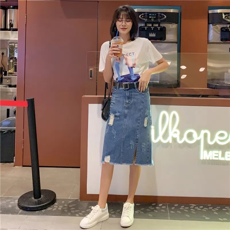 Chân váy jean Chữ A Lưng Cao Thiết Kế Xẻ Rách Thời Trang Mùa Hè Cho Nữ