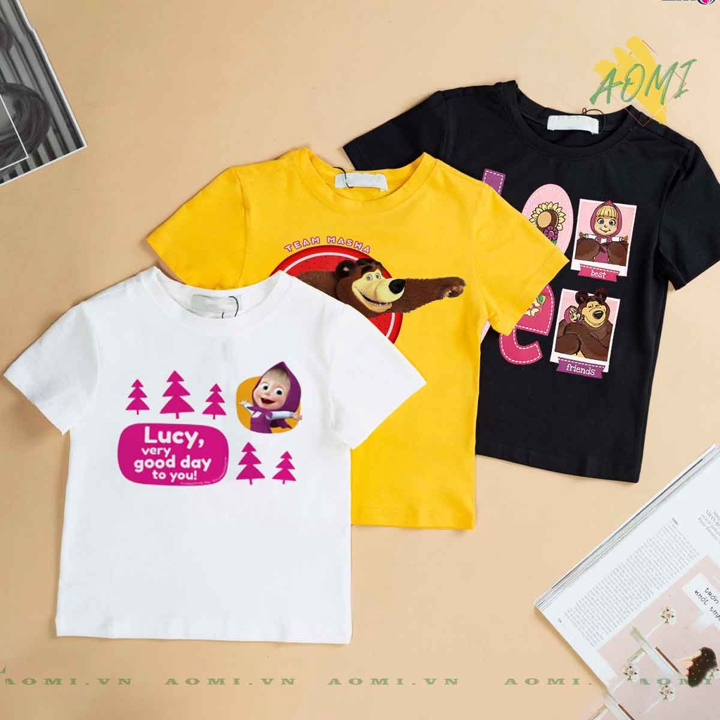 ÁO THUN UNISEX masha and bear gấu nâu PHÔNG VÀNG TAY NGẮN NAM NỮ GIA ĐÌNH CẶP ĐÔI SIZE TRẺ EM BÉ TRAI GÁI AOMIVN