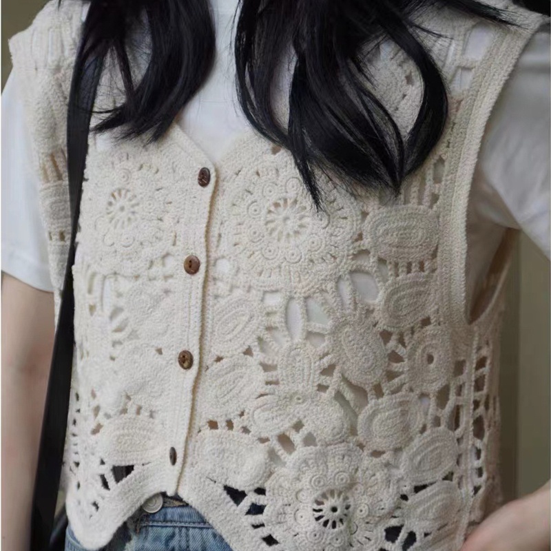 Áo Cardigan Dệt Kim Cổ Chữ V Không Tay Họa Tiết Hoa Phong Cách Pháp Cho Nữ