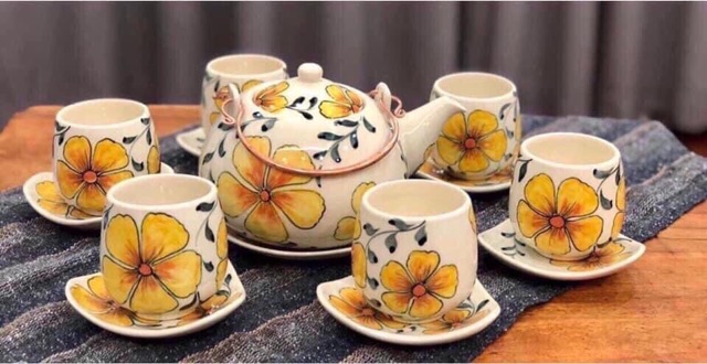 Bộ ấm chén vẽ hoa vàng hàng Bát Tràng xuất khẩu-Bộ trà đẹp