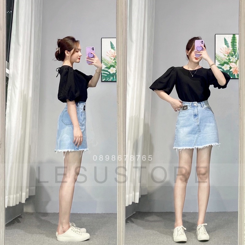 ẢNH TỰ CHỤP CHân váy jeans trơn lai tua lưng cao | BigBuy360 - bigbuy360.vn