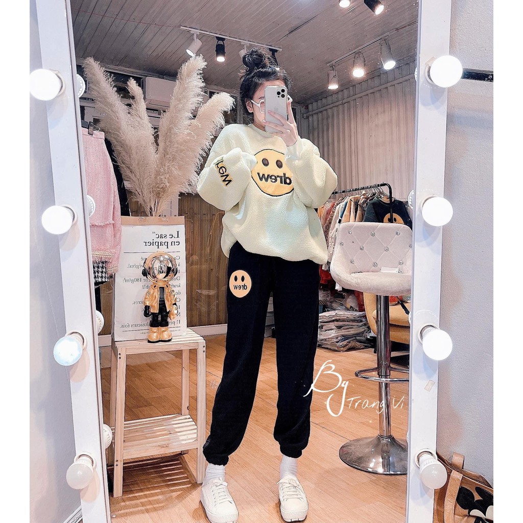 Set áo lông Drew mix quần bom  vải lông cừu dày dặn, hình thêu cute