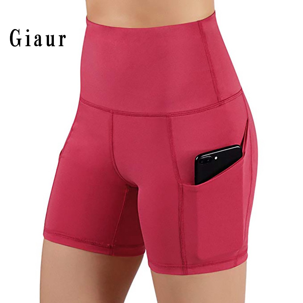 GIAUR  Sports Women High Waist Yoga Shorts Gym Running Skinny Short Pants with Pocket