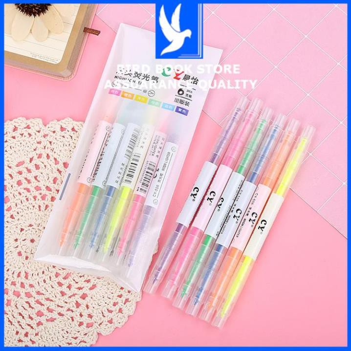 Combo 6 Bút dạ quang 2 đầu nhiều màu 𝑭𝒓𝒆𝒆𝒔𝒉𝒊𝒑 Bộ 6 chiếc bút highlight pastel Bird Book highlighter