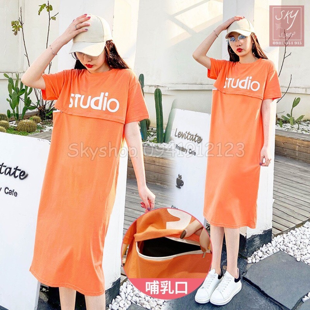 Đầm bầu sau sinh cho con bú Studio (có size lớn đến 105kg) chất liệu cotton thoáng mát, kiểu dáng năng động và thời tran