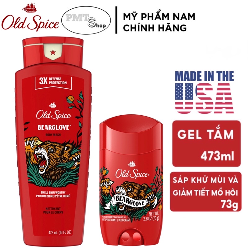 Combo Old Spice gồm Gel tắm 473ml 532ml + sáp khử mùi 73g 85g Timber Bearglove Fiji Wolfthorn Pure Sport Fresh