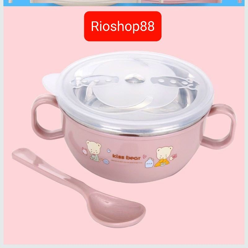 Bát ăn dặm tráng inox vỏ nhựa cách nhiệt cho bé bát ăn dặm inox có nắp kèm muỗng