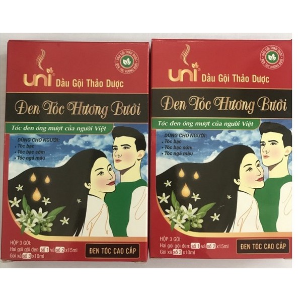 Dầu gội kèm dầu xả dưỡng thảo dược đen tóc hương bưởi Uni đen tự nhiên không bám da đầu hộp 3 gói (2 gội 1 xả)