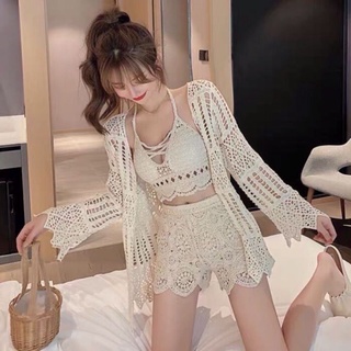 04-Set bikini ren đi biển 3 món-áo bra-quần sóc-áo choàng