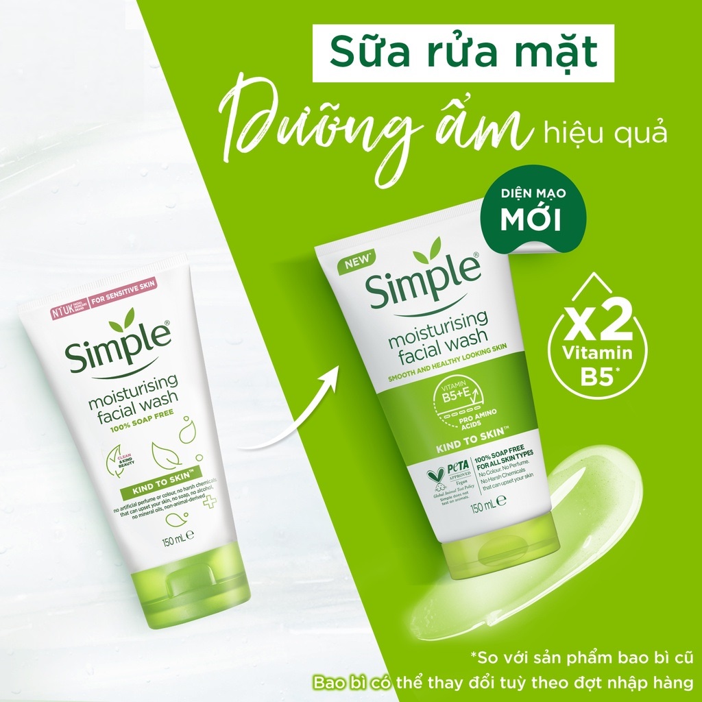 Sữa rửa mặt Simple Moisturising Facial Wash giúp cấp ẩm, da trông khỏe và mịn màng - cho da khô nhạy cảm 150ml