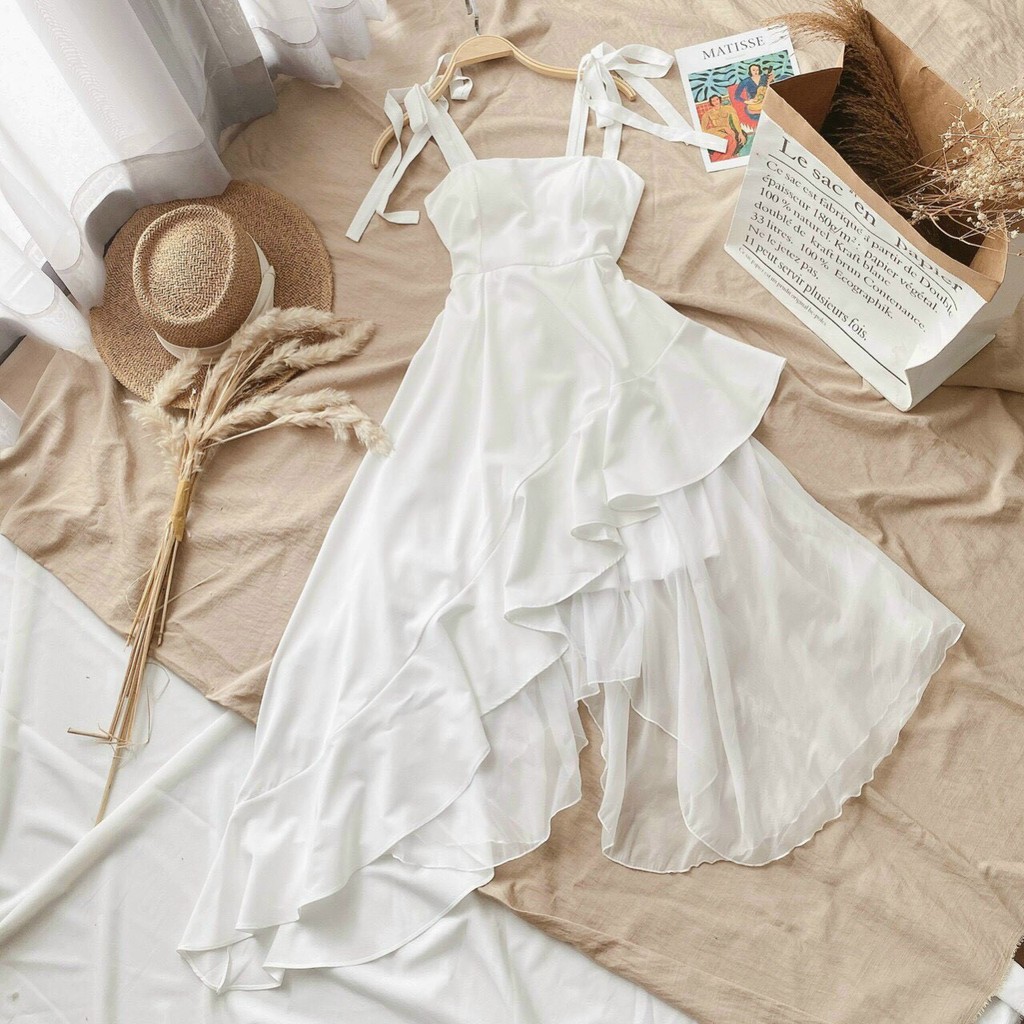 Đầm Dự Tiệc Trắng 2 Dây Cúp Phối Lưới Vạt Xéo | BigBuy360 - bigbuy360.vn