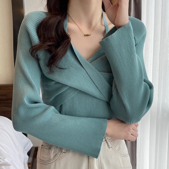 【ZHELIHANGFEI】Áo Dệt Kim Tay Dài Cổ Chữ V Giả Hai Lớp Thời Trang Cá Tính Trẻ Trung