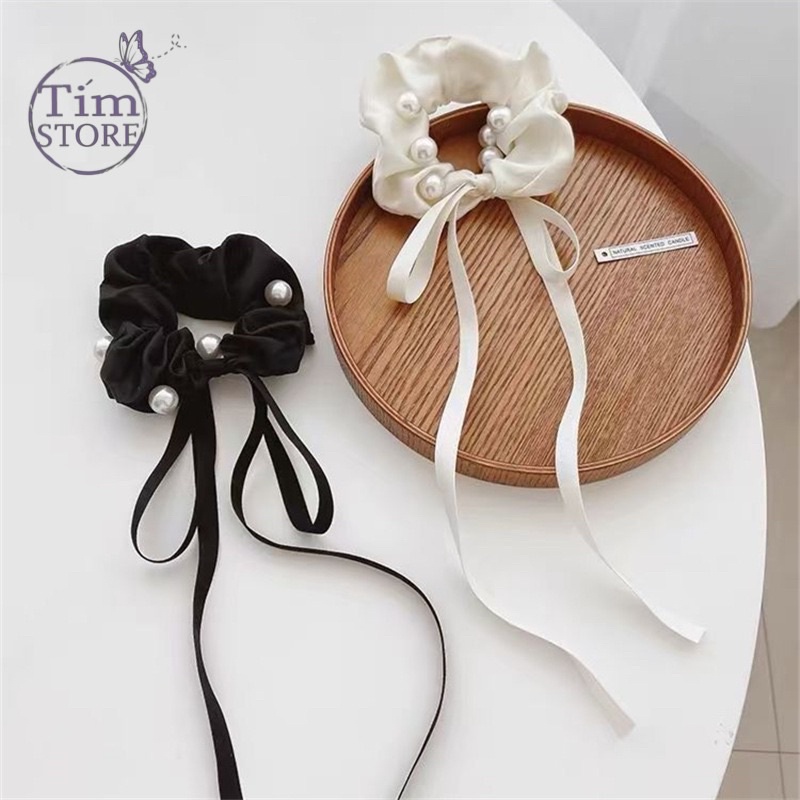 Dây cột tóc scrunchies ngọc trai nhân tạo trắng đen TIMSTORE phụ kiện tóc thời trang hàn quốc