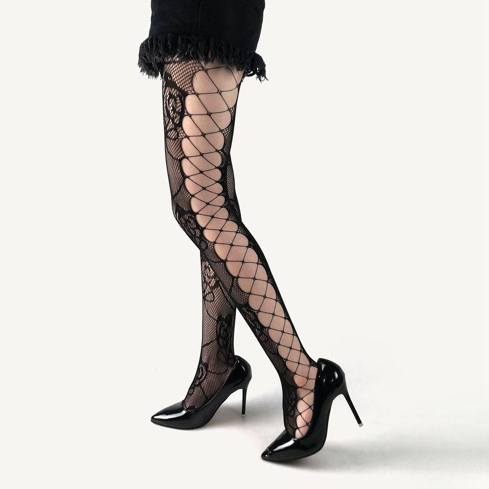 Tất Lưới Đen Co Giãn In Họa Tiết Hoa Lolita 1 Cho Nữ