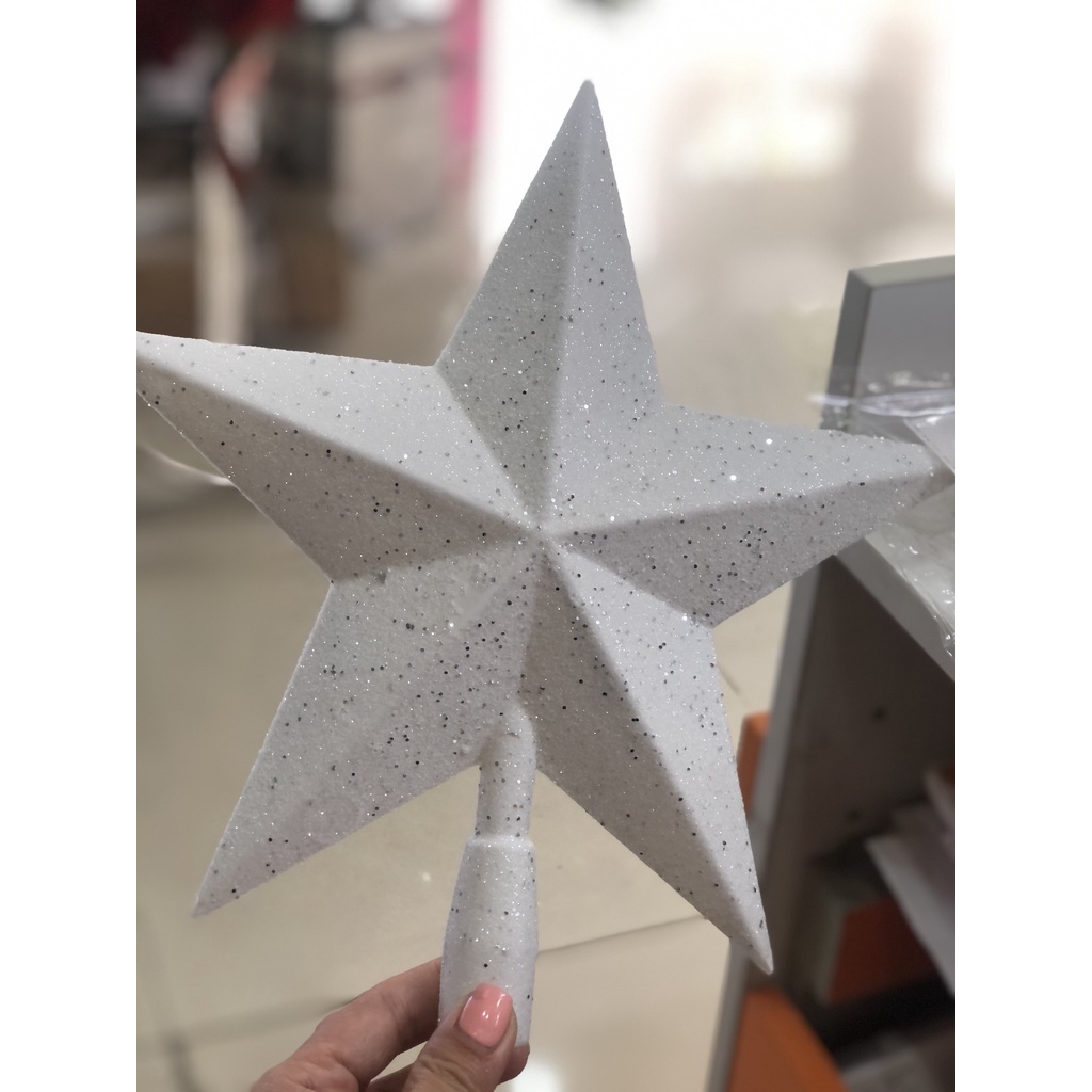 Ngôi sao trắng nhũ bạc gắn cây thông  trang trí Noel Giáng sinh Năm mới 30cm x 28cm