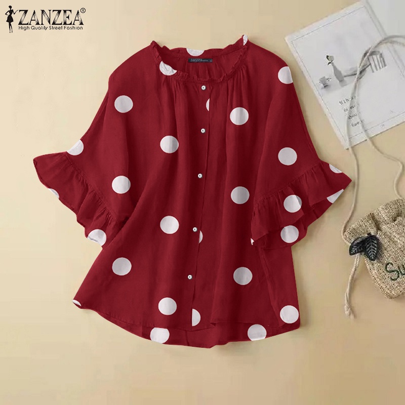 ZANZEA Áo Kiểu Cổ Tròn Tay 3 / 4 Họa Tiết Chấm Bi Phối Bèo Thời Trang Cho Nữ