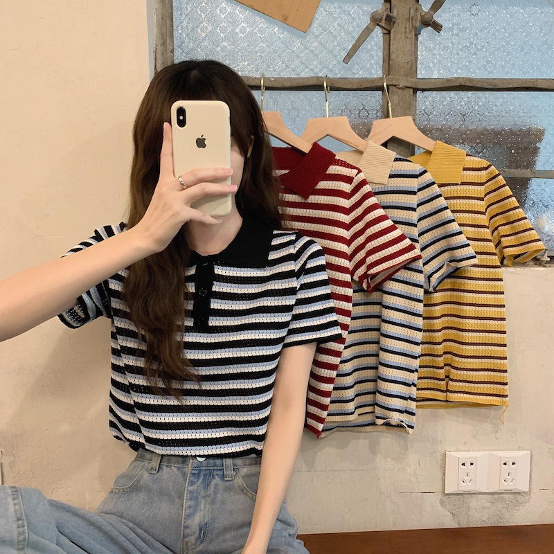 Porozi  Áo thun polo  tay ngắn dáng ôm kẻ sọc kiểu Hàn Quốc dễ thương cho nữ
