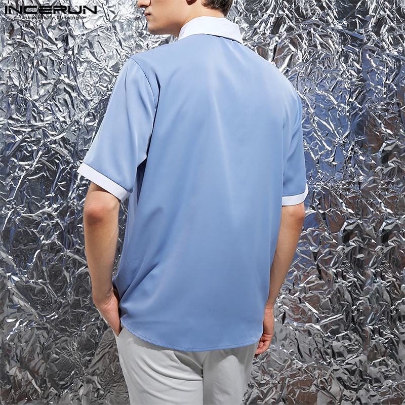 Áo sơ mi INCERUN ngắn tay phối màu retro cho nam