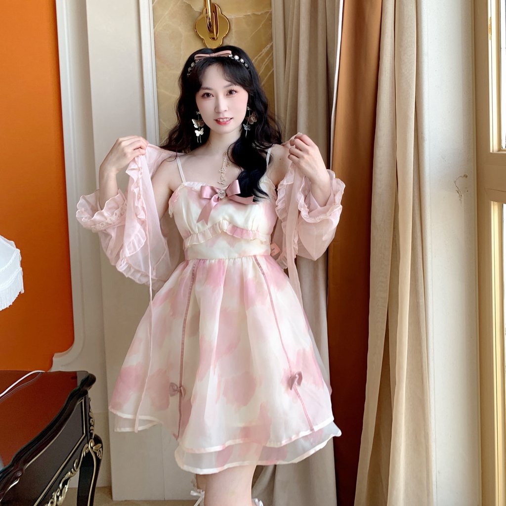 Đầm Hai Dây Mỏng Viền Nấm organza Không Lem Kiểu Pháp Ngọt Ngào Mùa Hè Ngọt Ngào Cho Nữ