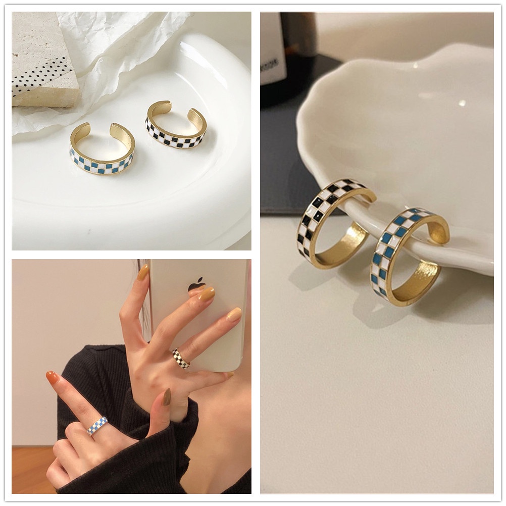 1 Nhẫn Đeo Ngón Trỏ Bằng Kim Loại Họa Tiết Sọc Caro Trắng Đen Phong Cách Retro Đơn Giản Dành Cho Nữ