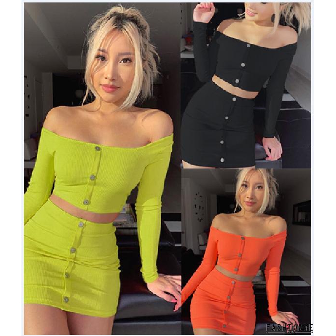 Set Áo Croptop Tay Dài Màu Sắc Trơn + Chân Váy Bút Chì Quyến Rũ