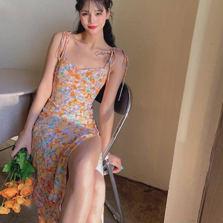 Đầm voan hoa dáng dài xẻ tà phong cách retro âu mỹ