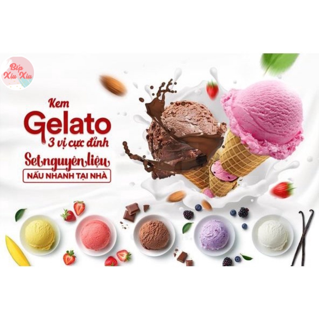 Kem tươi Bếp xíu xiu, Set nguyên liệu Gelato 3 vị Socola, Matcha, Vani làm kem ngay tại nhà
