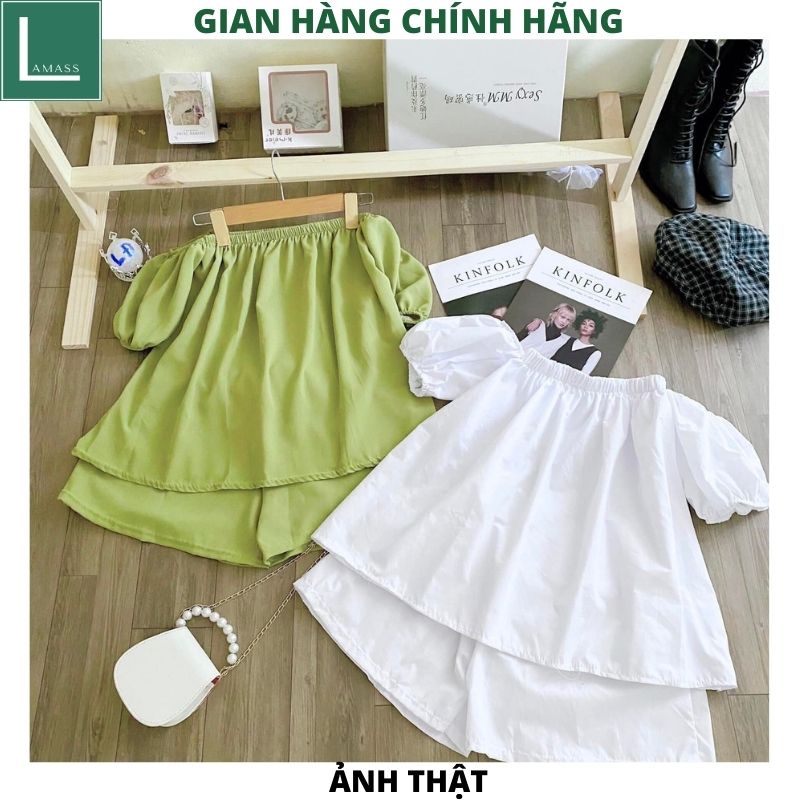 Set áo Trễ Vai Nữ Tay Bồng Kèm quần short chất thô mềm- áo babydoll nữ quần sooc ống rộng tiểu thư sang chảnh -LAMASS