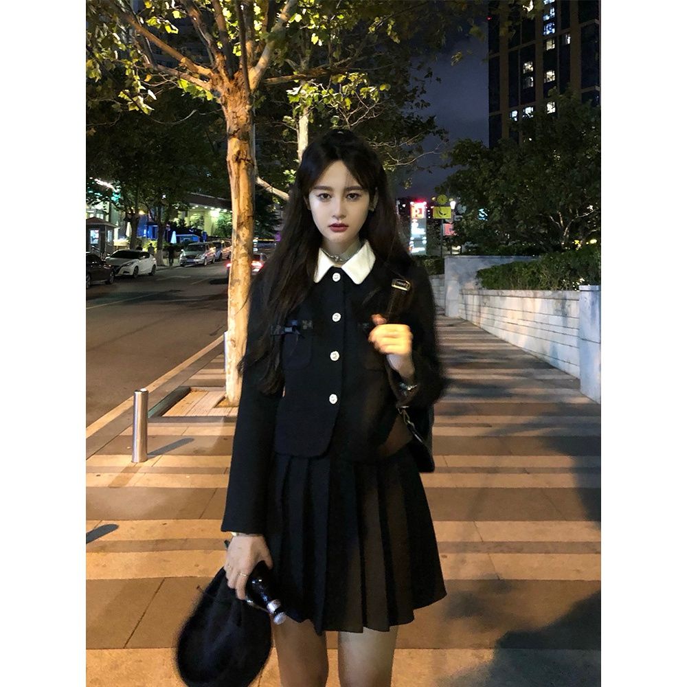 Set áo khoác dài tay cổ bẻ + chân váy xếp ly thời trang nữ