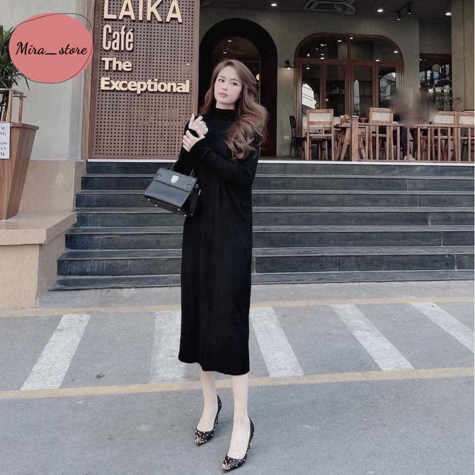 Váy Bầu Len Tăm Trơn [ FREESHIP] Đầm Bầu Dáng Suông Chất Len Tăm Mịn Màng Dày Dặn Có Cổ freesize từ 40-75kg