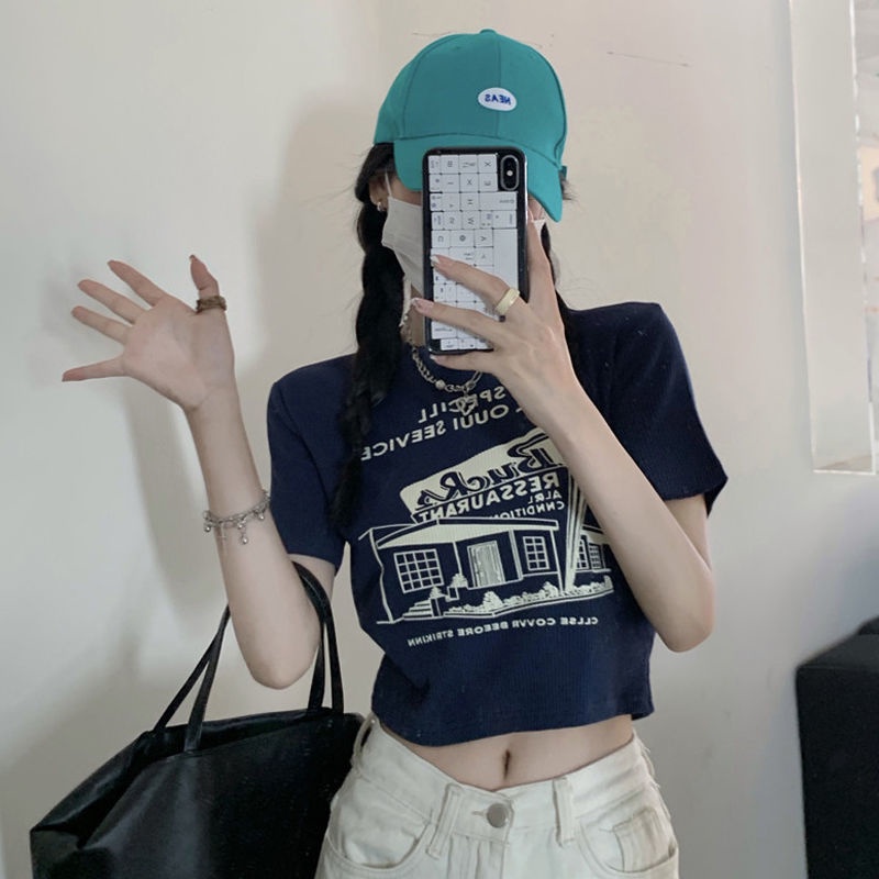 Áo Thun Ngắn Tay Lưng Cao Phong Cách Retro Mỹ Thời Trang Mùa Hè 2022 Mới Cho Nữ