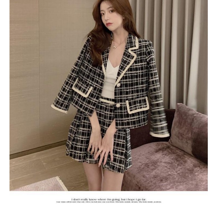 Set Dạ Tweed Kẻ Áo Khoác Vest Croptop Chân váy Xếp Ly Tennis Kẻ Đen Trắng