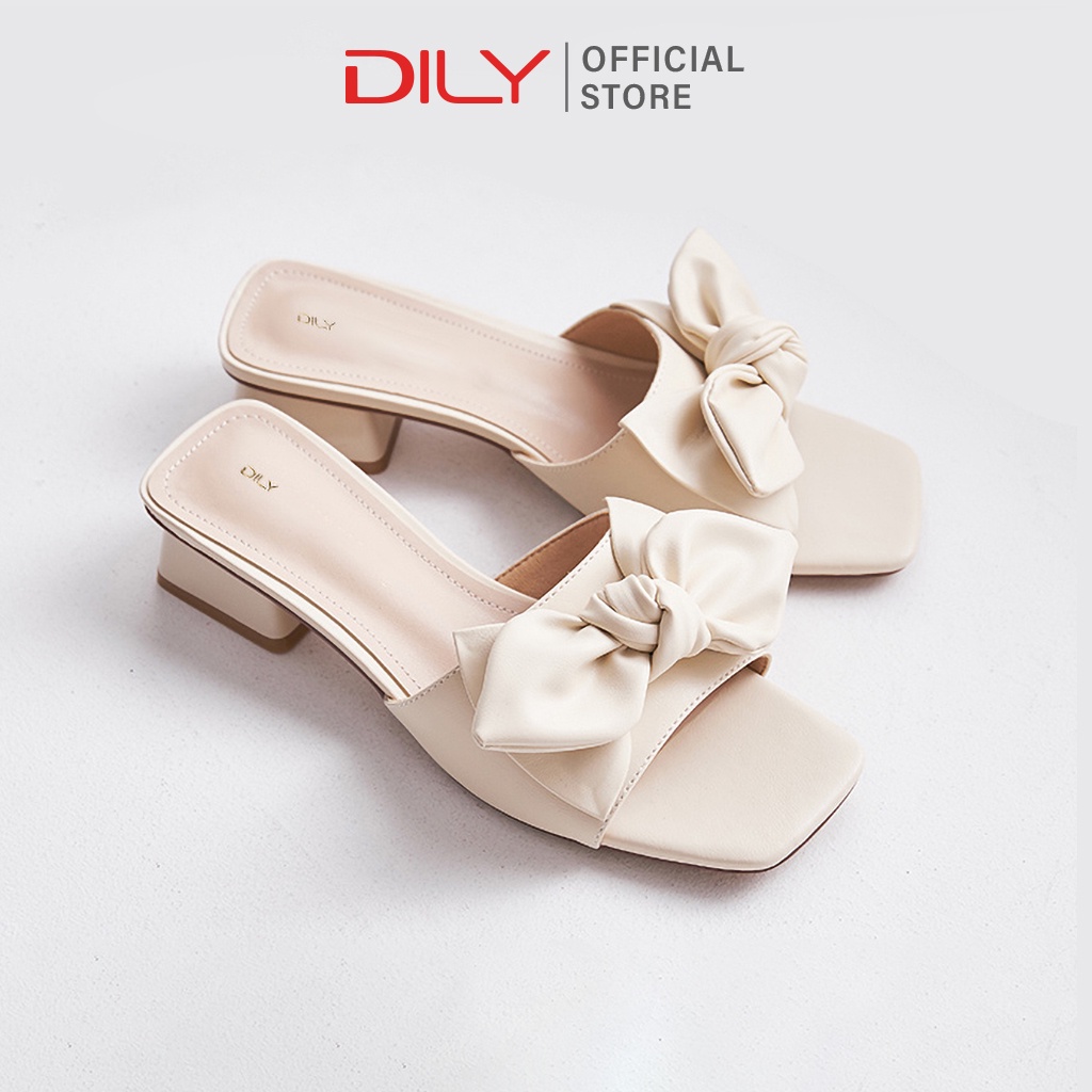 Dép guốc nữ cao gót phối nơ DILY êm chân mũi vuông gót vuông cao 3.5cm_ AA0339