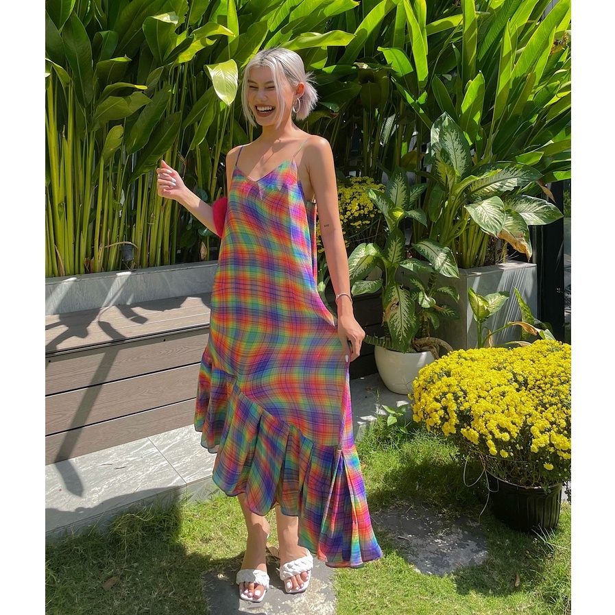 Đầm Hai Dây Maxi Chân Váy Xoè Cầu Vồng TARTAN - Tartan Dress SE / Rainbow / Tartan Pattern - TIẾT KIỆM khi mua combo