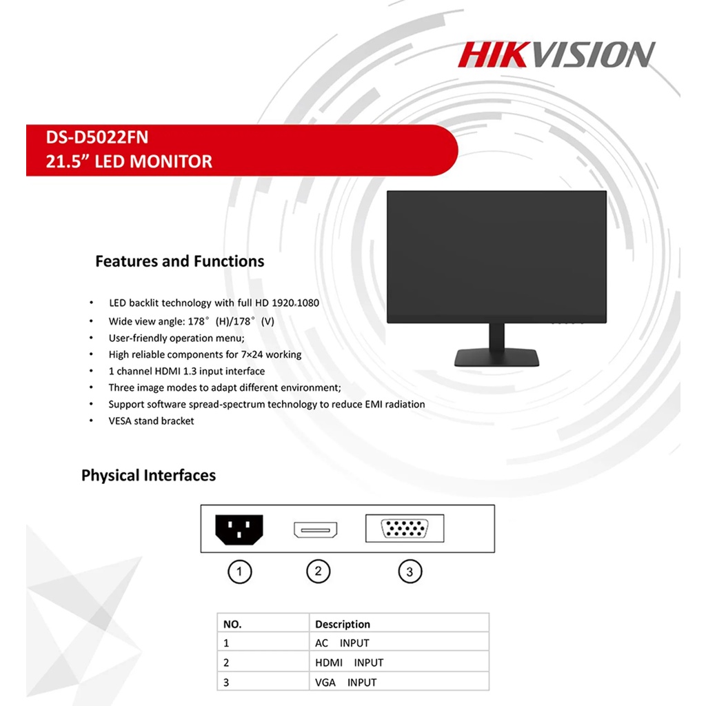 Màn Hình Máy Tính Không Viền HIKVISION DS-D5022FN-C 21.5 inch FHD-VA-60Hz/6ms-250 nits-HDMI-VGA - Hàng Chính Hãng
